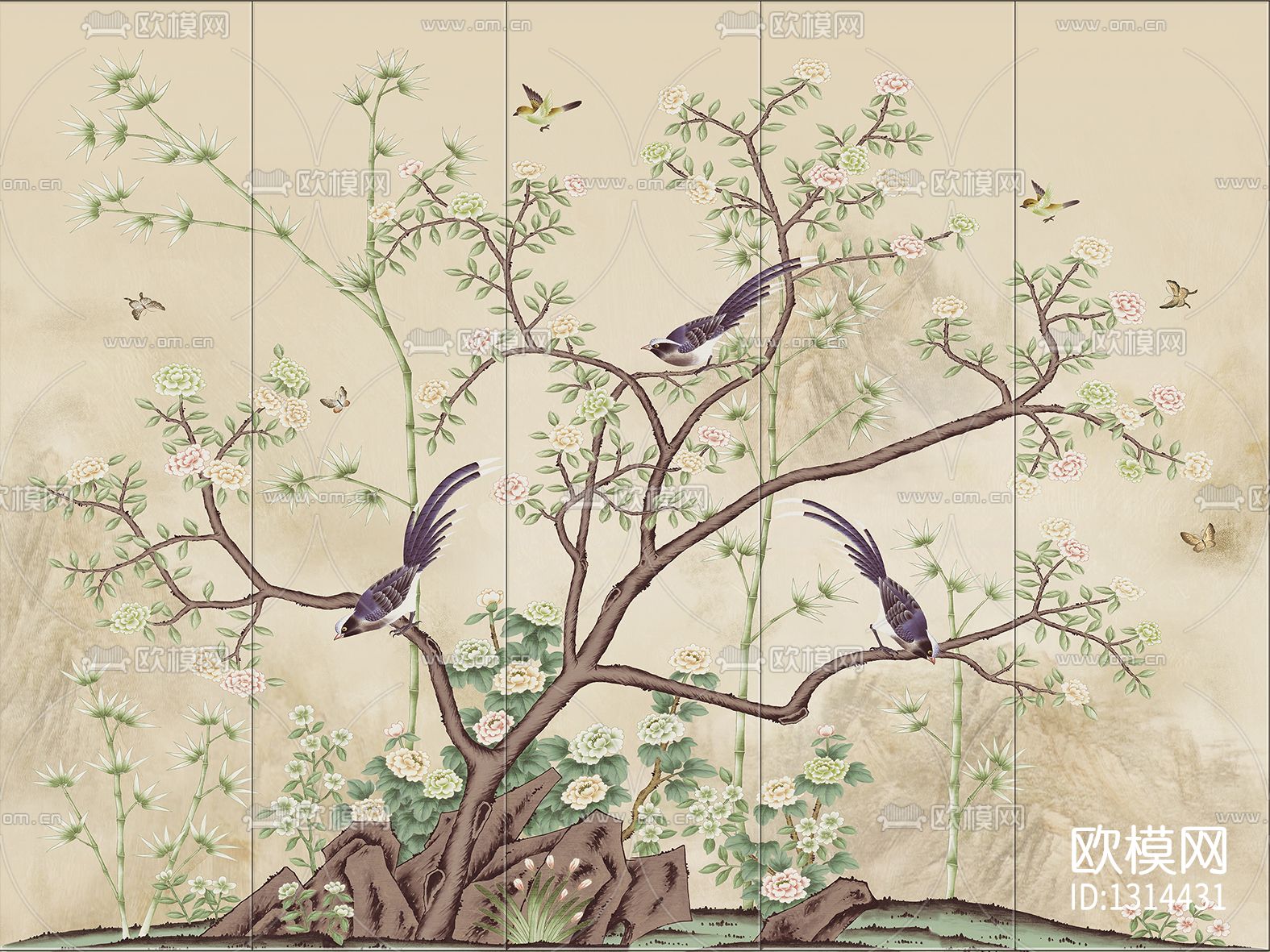 中式花鸟壁画贴图