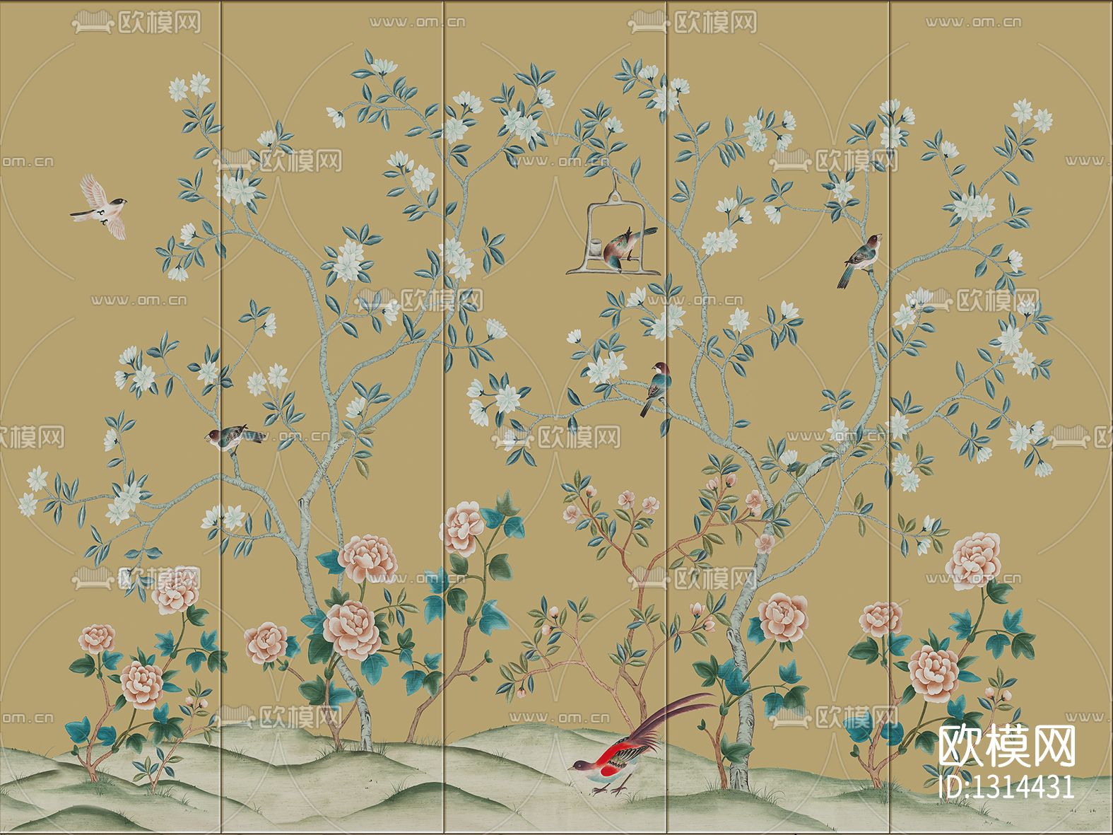 中式花鸟壁画贴图