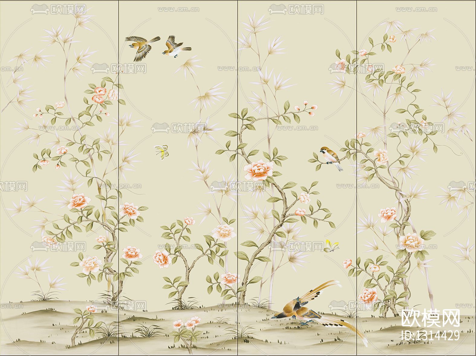 中式花鸟壁画贴图下载（渲染图4）