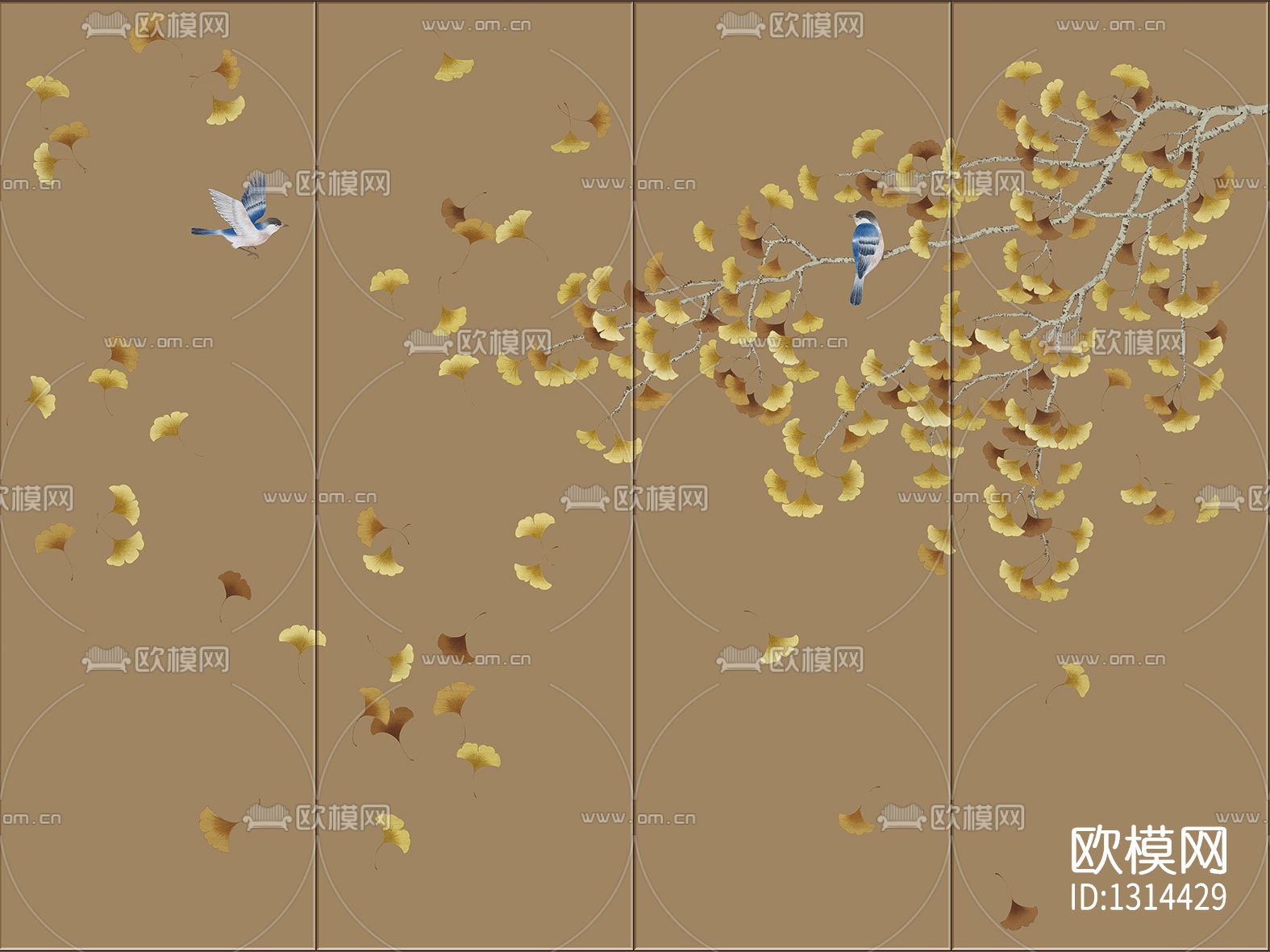 中式花鸟壁画贴图下载（渲染图1）