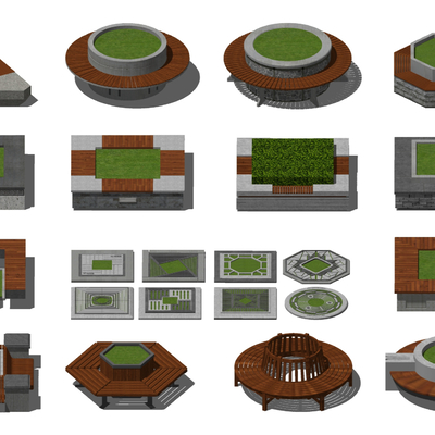  新中式户外树池花坛景观座椅su模型 