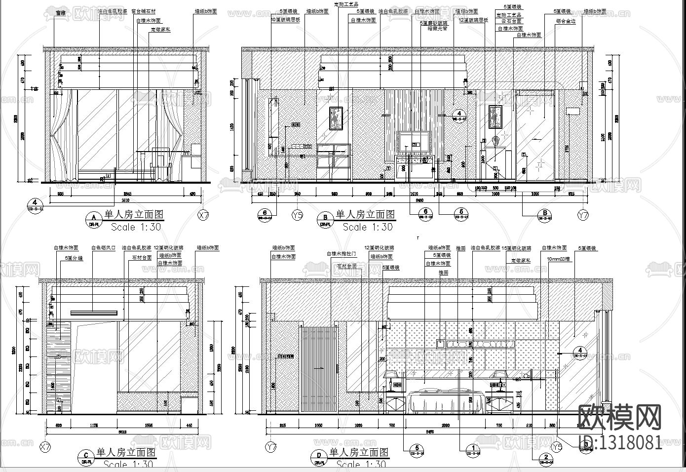 标准单人房立面详图节点下载（渲染图1）
