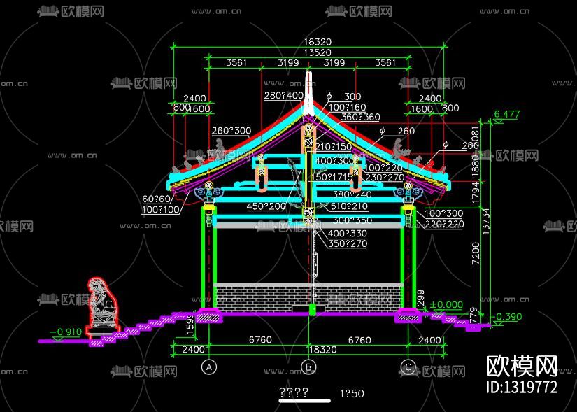 仿古园林建筑cad大样图下载（渲染图7）