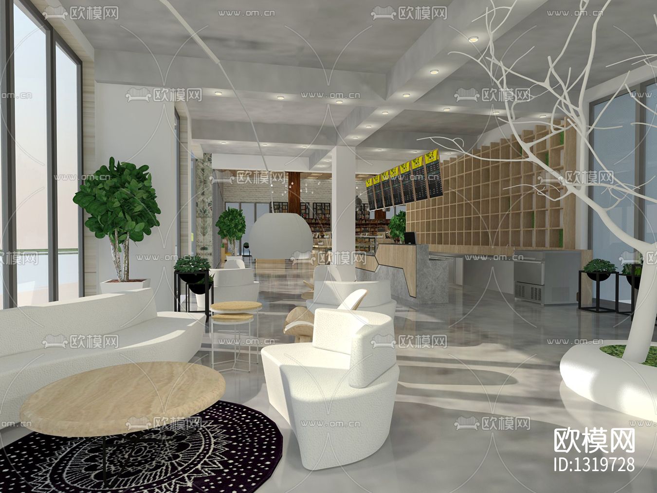 网红咖啡厅书吧cad施工图下载（渲染图1）