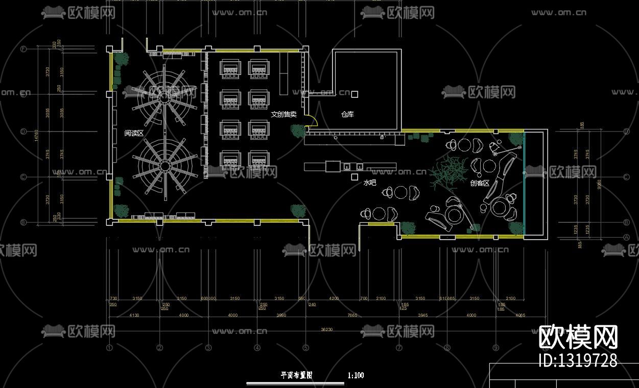 网红咖啡厅书吧cad施工图下载（渲染图10）