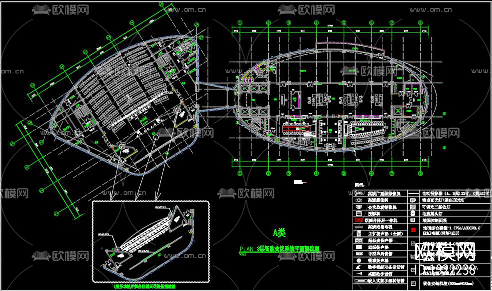 智能会议系统设备摆位图及系统cad施工图下载（渲染图1）
