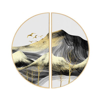  新中式轻奢双拼圆形山水装饰画 
