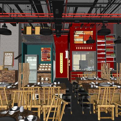 工业风火锅店su模型 