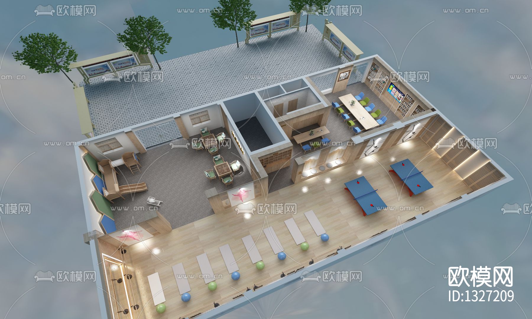 社区活动中心cad施工图下载（渲染图1）