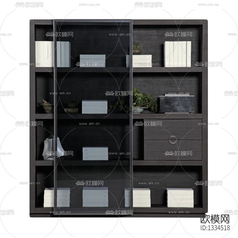 新中式简约实木玻璃推拉门书柜下载