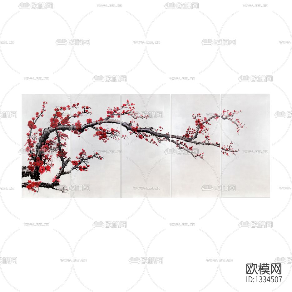 新中式禅意梅花树五联装饰画下载