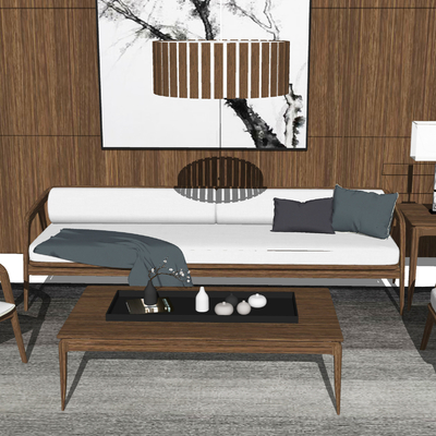 新中式布艺沙发组合su模型