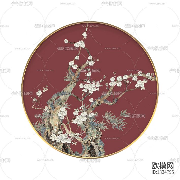 新中式禅意圆形桃花装饰画下载