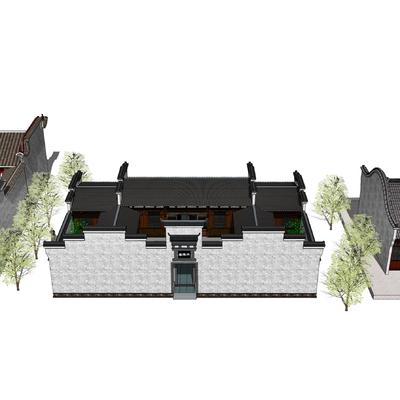  中式古建筑四合院寺庙建筑马头墙su模型 