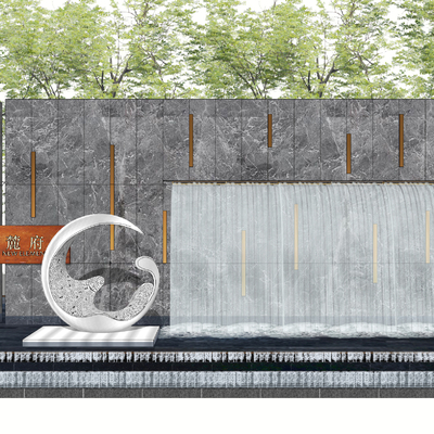 现代跌水水景景墙su模型