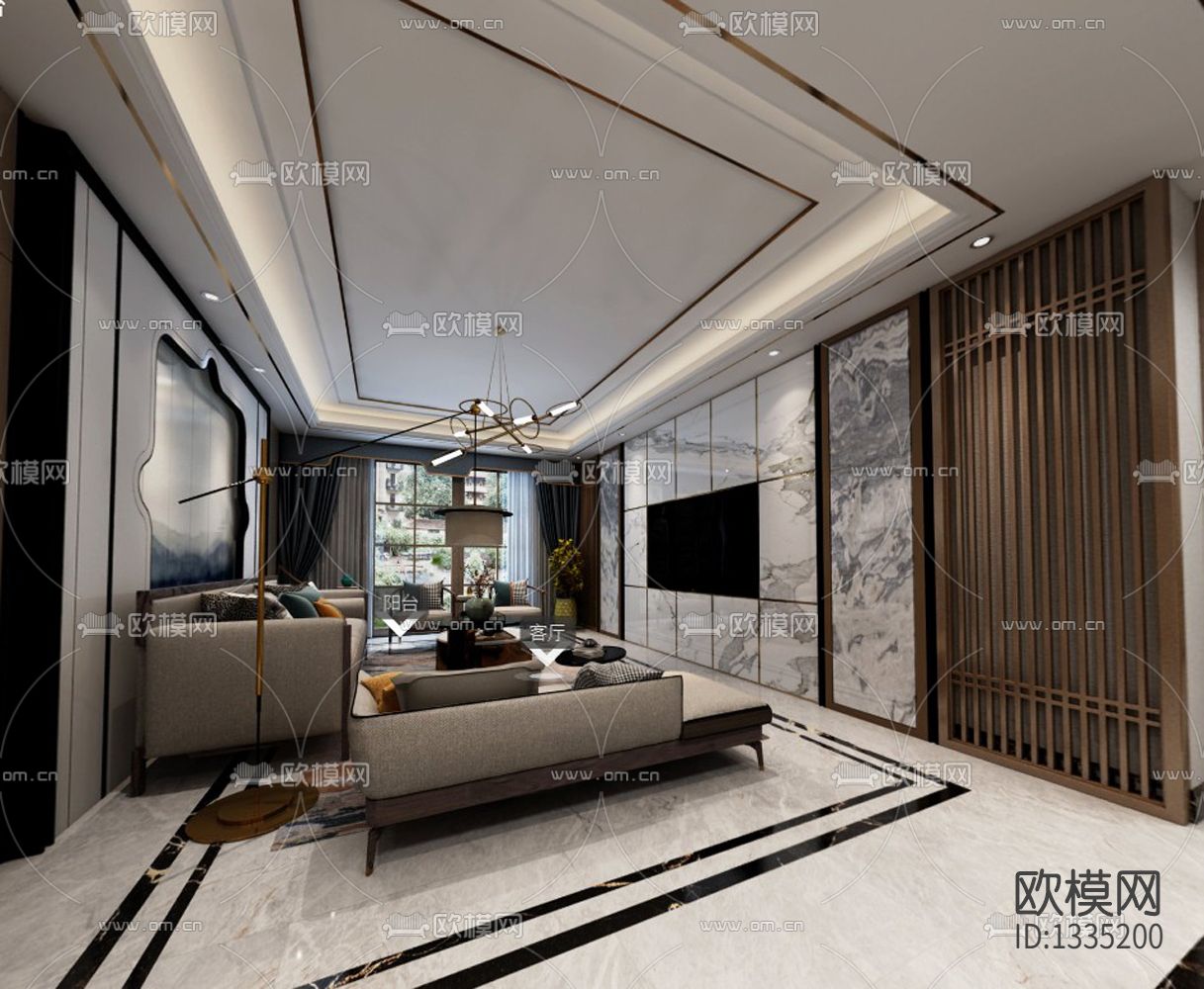 新中式客厅餐厅cad施工图下载（渲染图1）