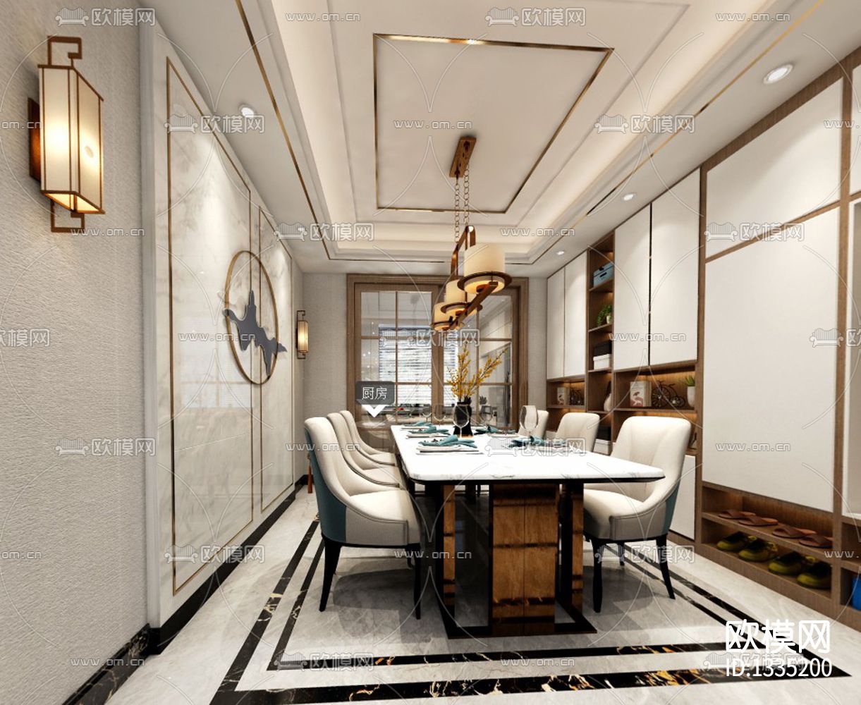 新中式客厅餐厅cad施工图下载（渲染图2）