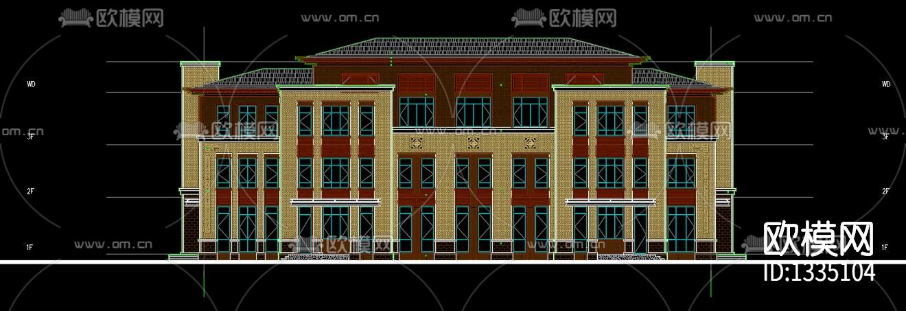 新中式别墅外观cad施工图下载（渲染图2）