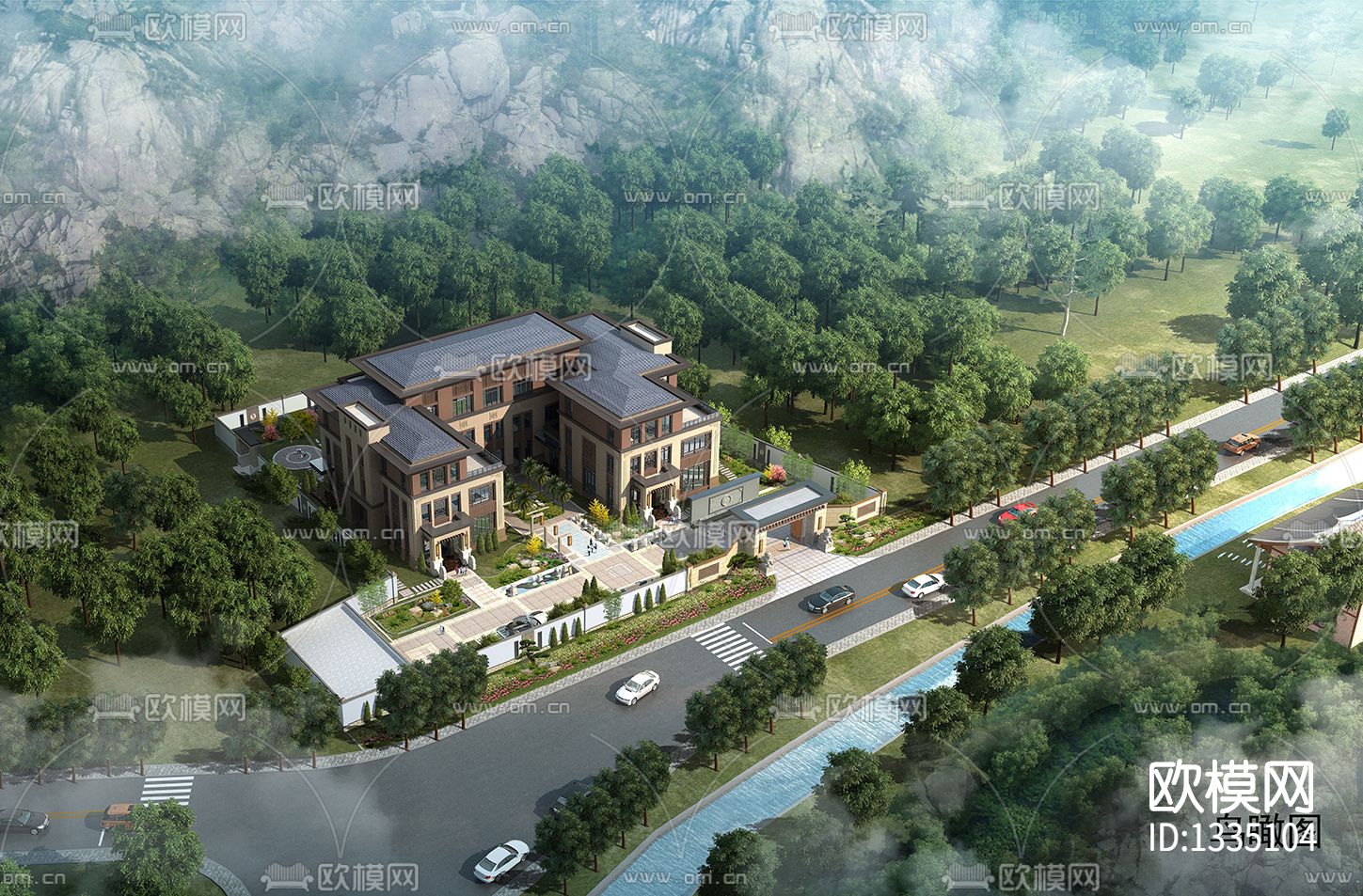 新中式别墅外观cad施工图下载（渲染图1）