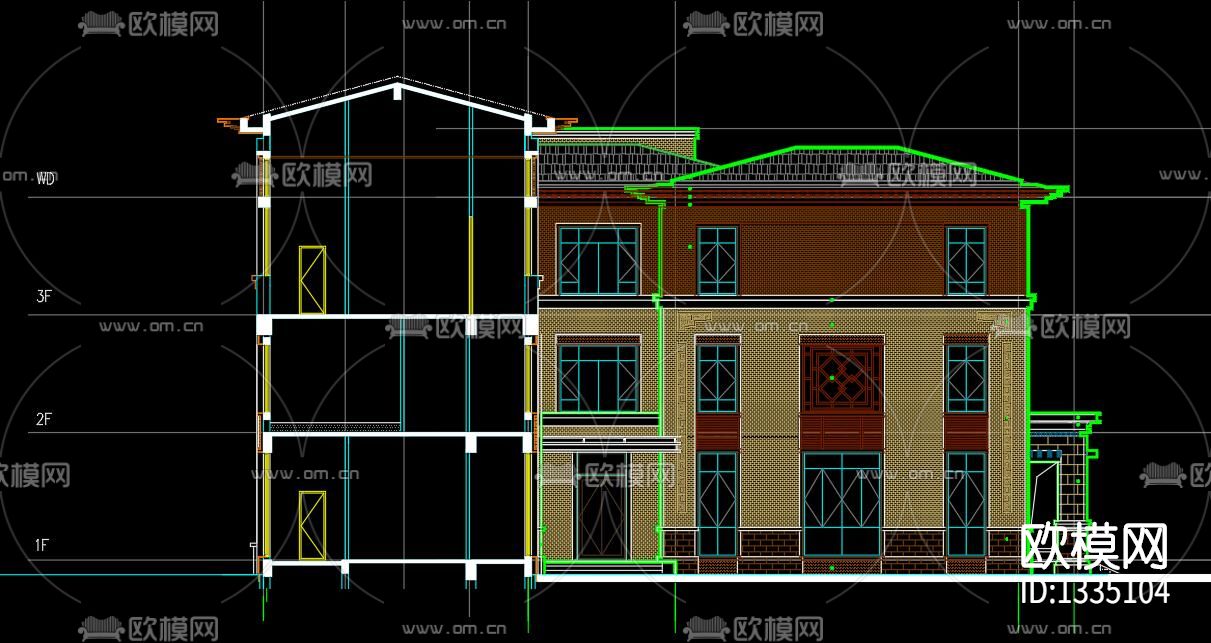 新中式别墅外观cad施工图下载（渲染图4）
