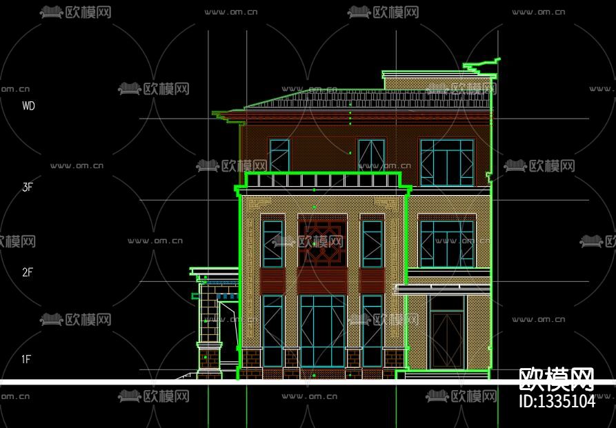 新中式别墅外观cad施工图下载（渲染图3）