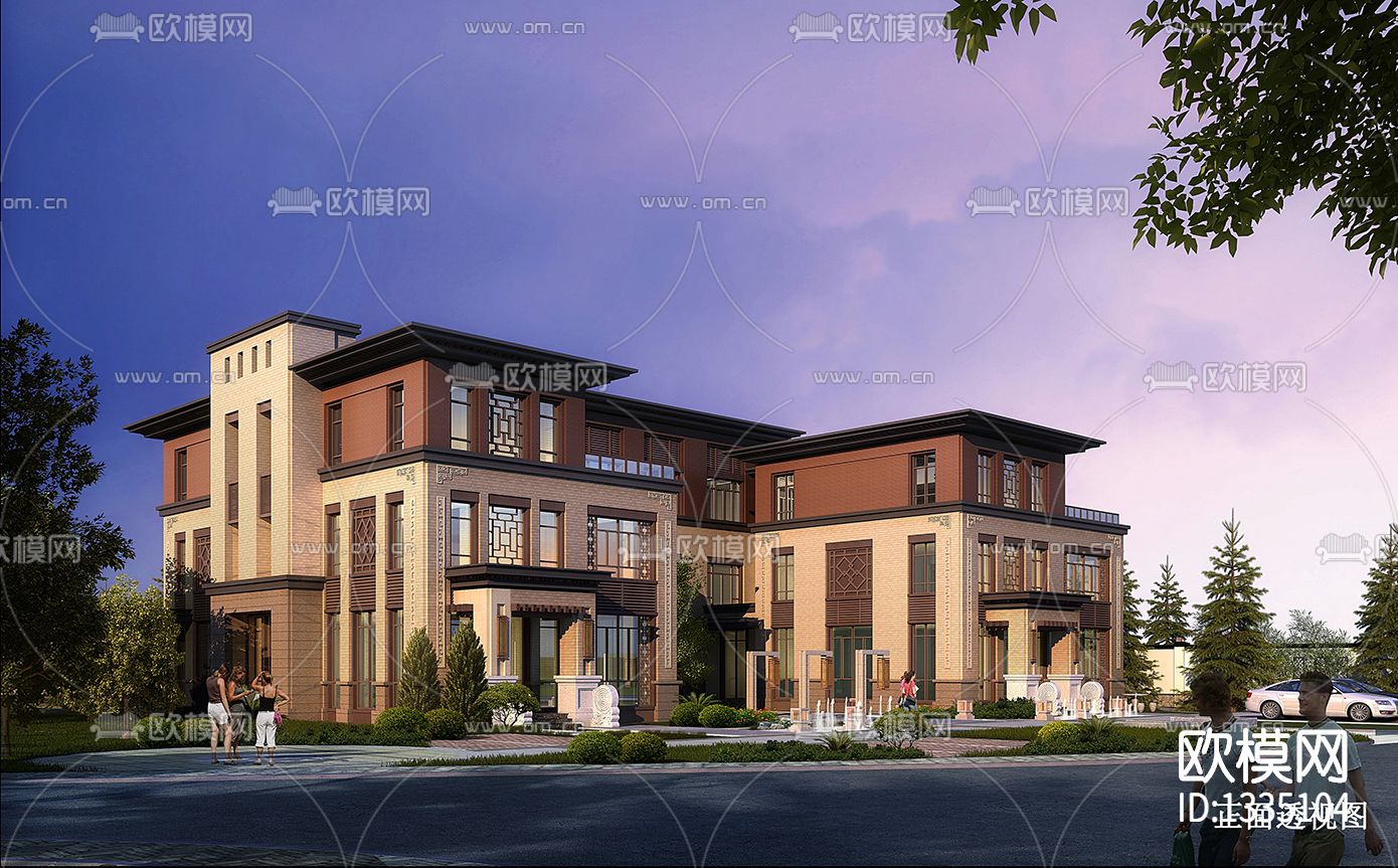 新中式别墅外观cad施工图下载（渲染图5）