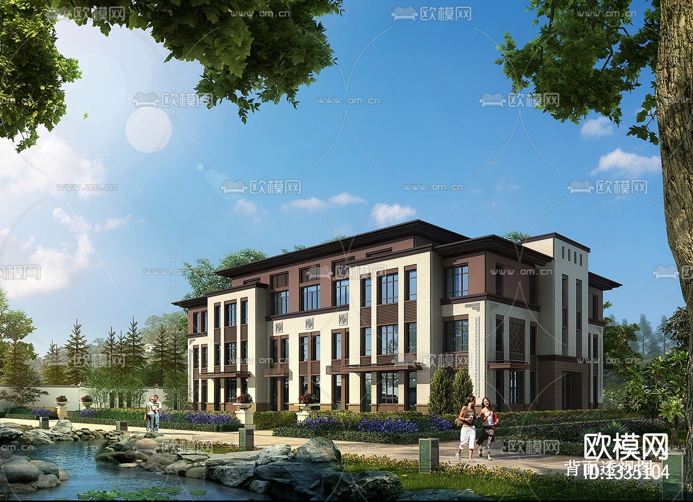 新中式别墅外观cad施工图下载（渲染图9）