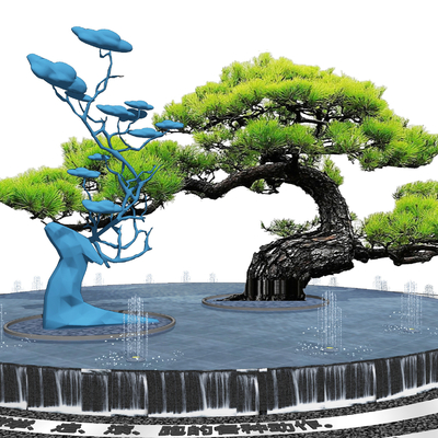 新中式禅意跌水水钵罗汉松鹿雕塑小品su模型