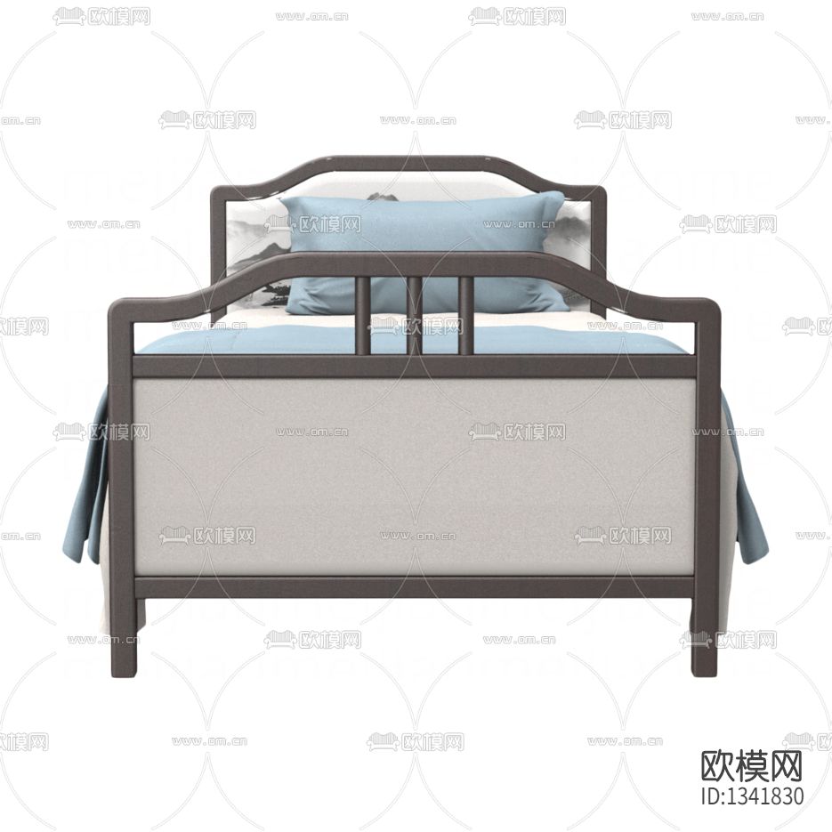 新中式简约实木铁艺护理床下载（渲染图2）