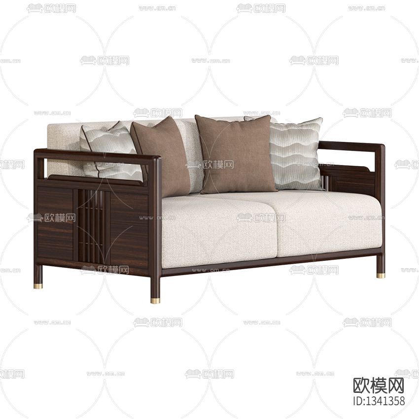 新中式禅意实木布艺双人沙发下载