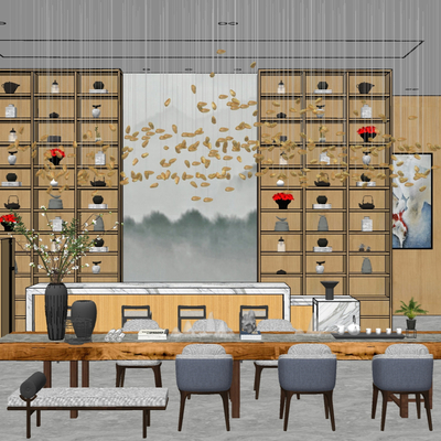  新中式售楼处茶歇区su模型 