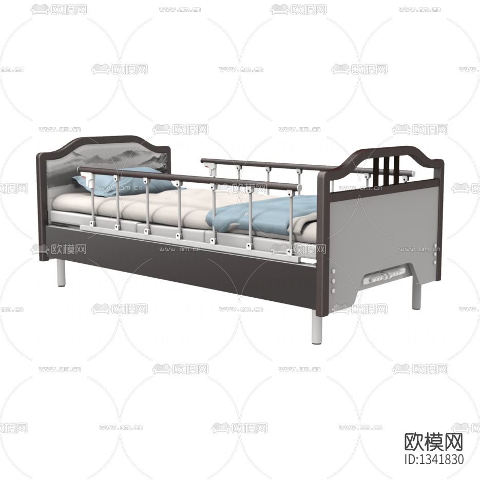 新中式简约实木铁艺护理床下载（渲染图1）