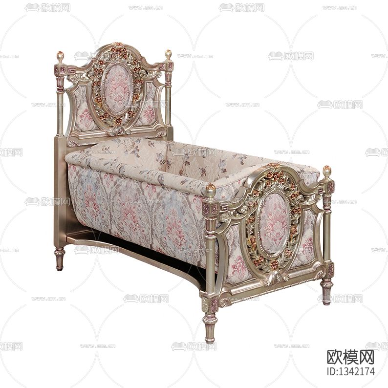 欧式复古实木雕花布艺婴儿床下载（渲染图1）