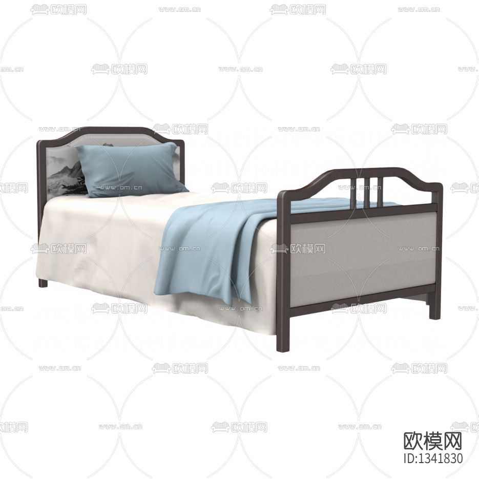 新中式简约实木铁艺护理床下载（渲染图3）