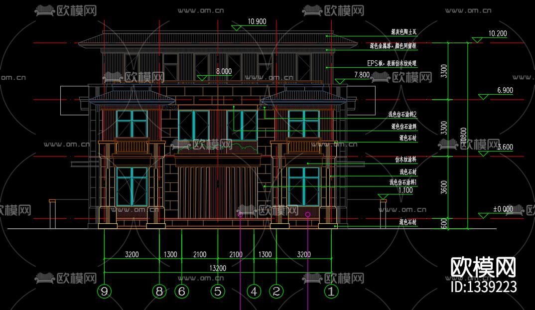 古典双拼别墅cad施工图下载（渲染图10）