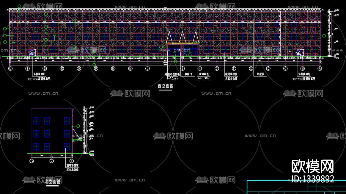 某配件厂玻璃幕墙cad施工图下载（渲染图2）