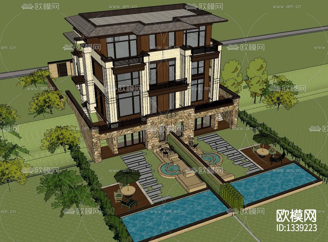 古典双拼别墅cad施工图下载（渲染图1）