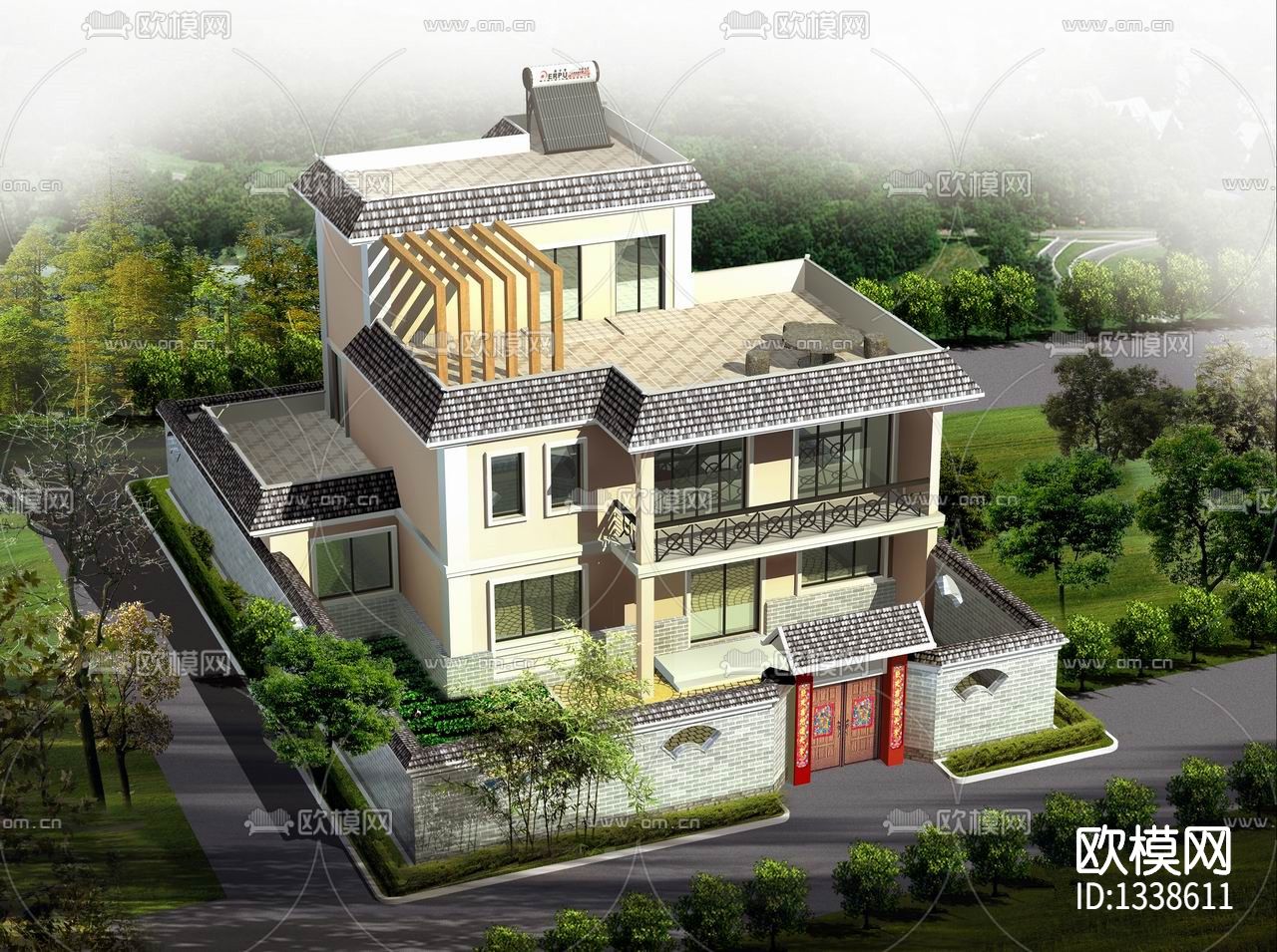 新农村别墅cad施工图效果图下载（渲染图1）