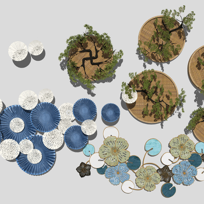 新中式罗汉松树墙饰挂件su模型