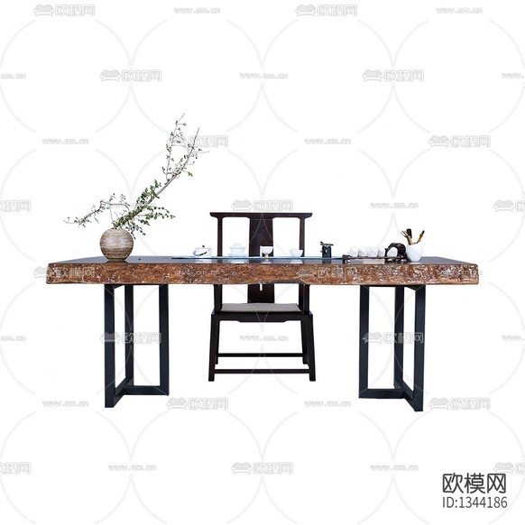 新中式轻奢实木金属大板茶桌下载(渲染图1)