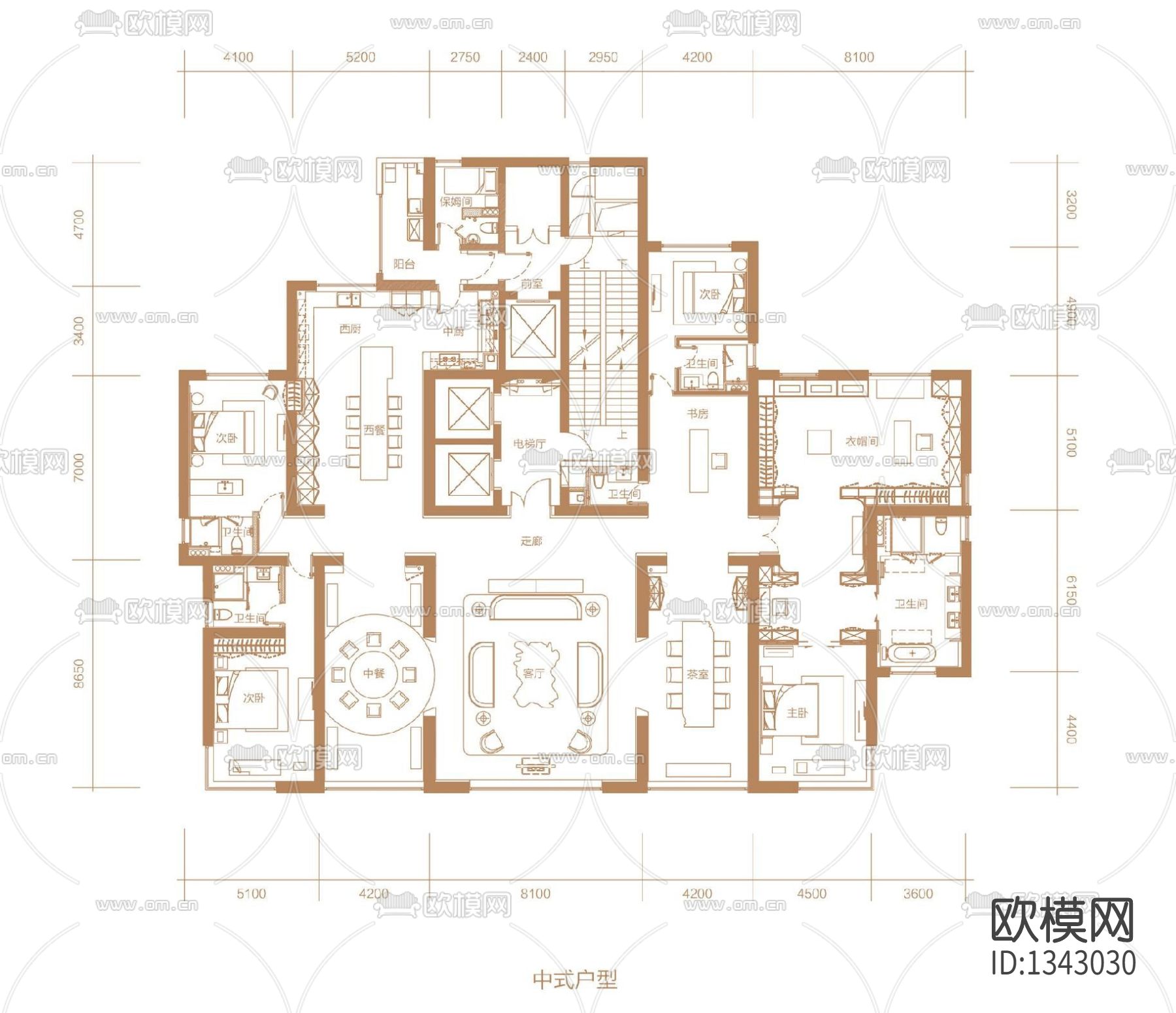 天筑6#A户型超大平层样板间cad施工图下载（渲染图2）