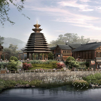  中式古镇商业街su模型 