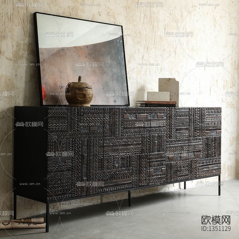 现代柚木手工雕花餐边柜