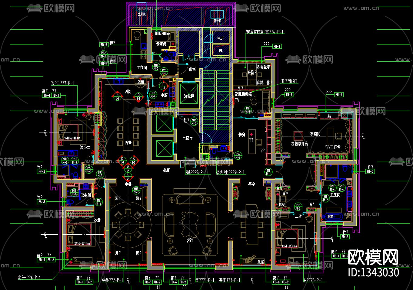 天筑6#A户型超大平层样板间cad施工图下载（渲染图1）