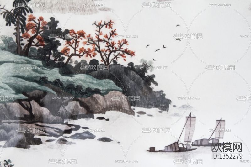 新中式水墨山水圆形装饰画下载（渲染图4）