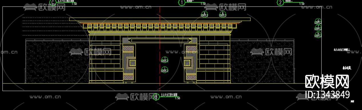 新中式大门cad施工图下载（渲染图3）