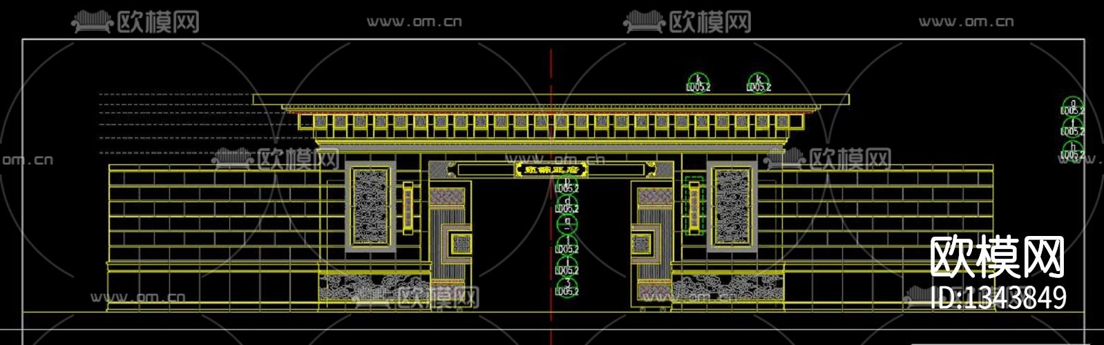 新中式大门cad施工图下载（渲染图9）