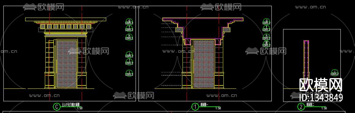 新中式大门cad施工图下载（渲染图2）