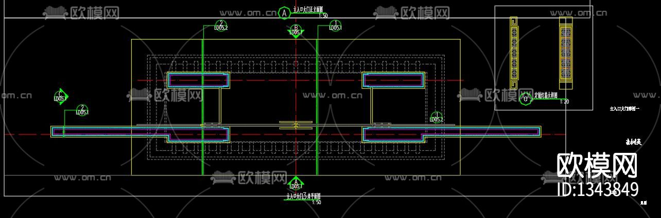 新中式大门cad施工图下载（渲染图1）