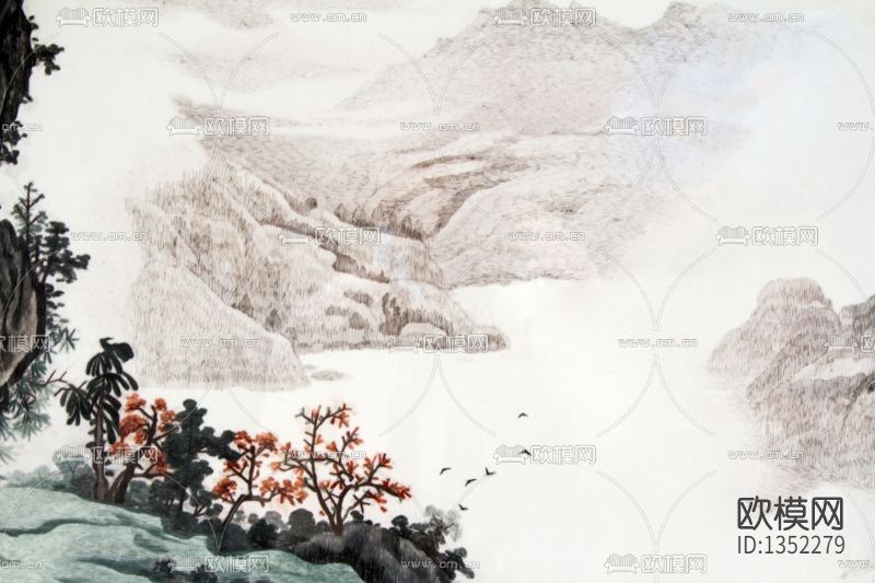 新中式水墨山水圆形装饰画下载（渲染图2）